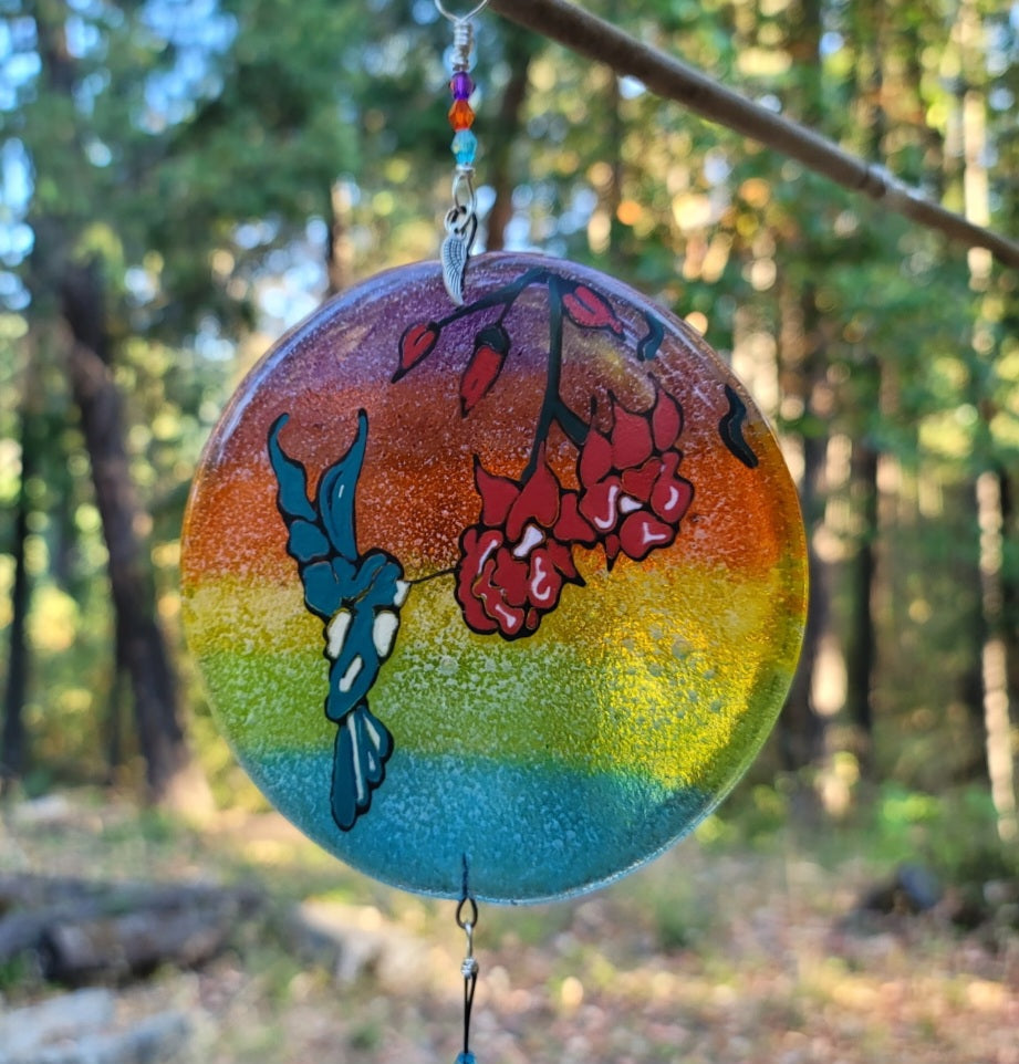 Ashes InFused Glass Cremation Art Wind Chime  Hummingbird Rainbow Handmade