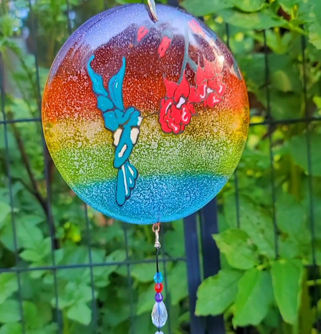 Ashes InFused Glass Cremation Art Wind Chime  Hummingbird Rainbow Handmade