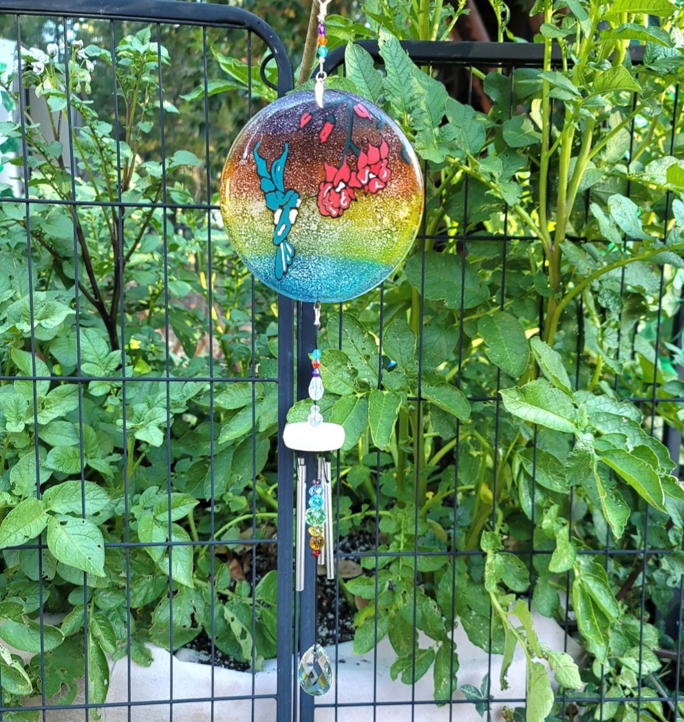 Ashes InFused Glass Cremation Art Wind Chime  Hummingbird Rainbow Handmade