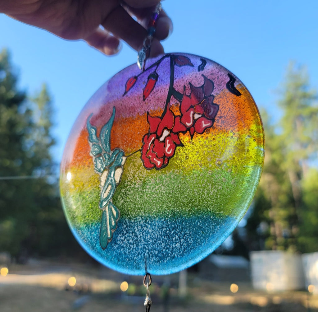 Ashes InFused Glass Cremation Art Wind Chime  Hummingbird Rainbow Handmade