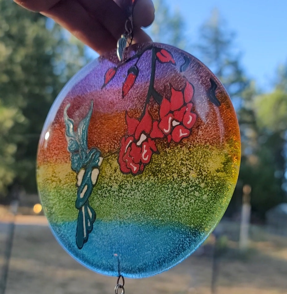 Ashes InFused Glass Cremation Art Wind Chime  Hummingbird Rainbow Handmade