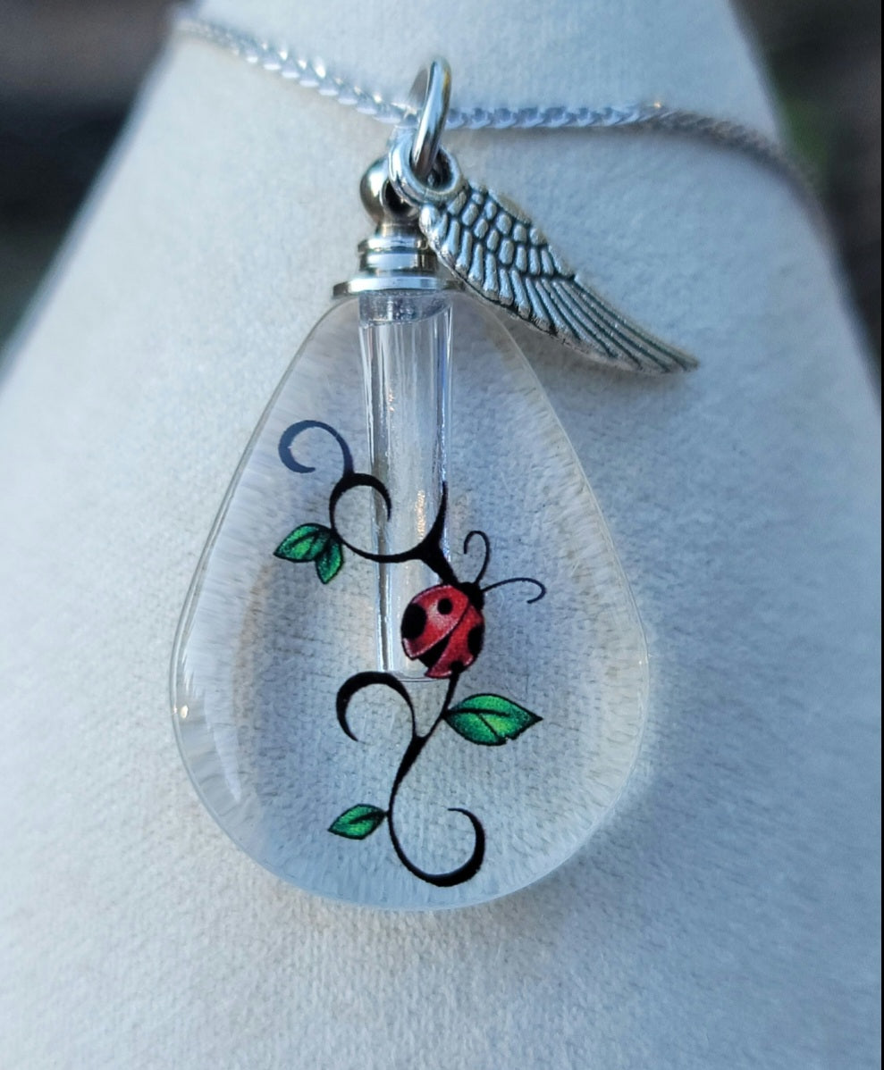 DIY Ladybug Teardrop Cremation Jewelry Necklace Sympathy Kit Gift Wrapped with Tools