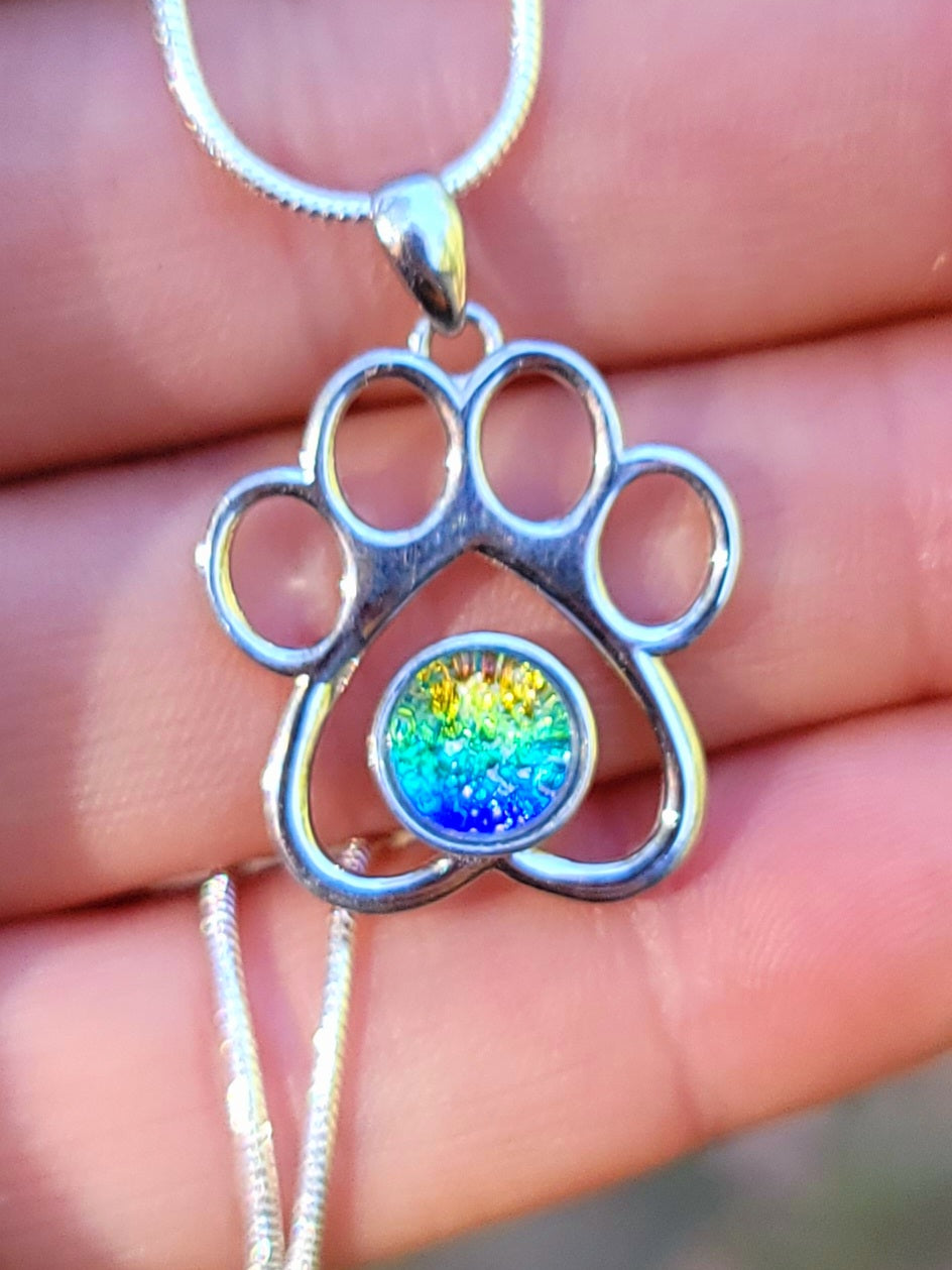 NEW Paw Print Cremation Jewelry Ashes InFused Glass Sterling Silver Urn Necklace