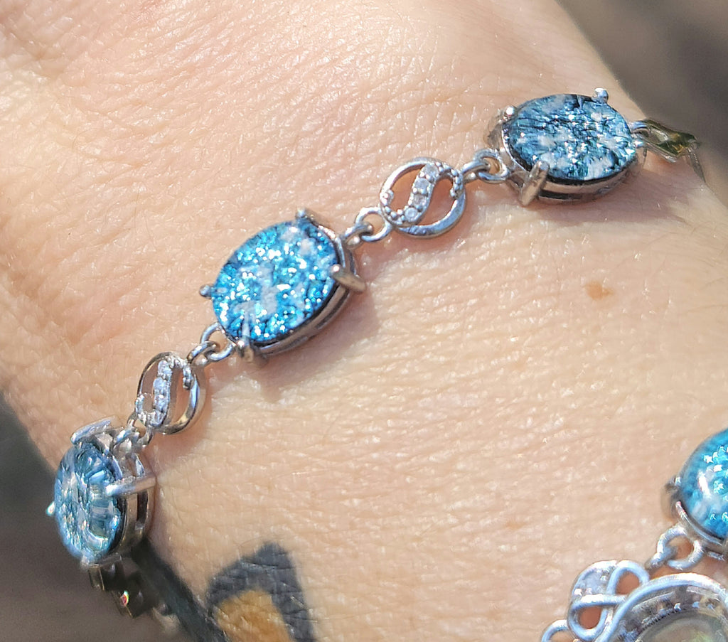 NEW 3 Stone Cremation Ashes InFused Glass Bracelets Claw Link Sterling Silver Chain CZ Accents