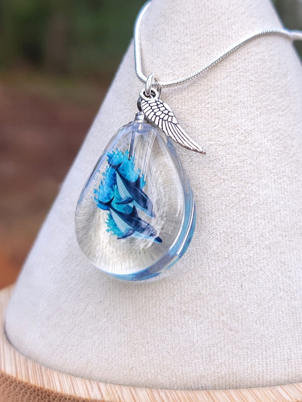 DIY 2 Dolphins Ocean Wave Teardrop Cremation Jewelry Necklace Sympathy Kit Gift Wrapped with Tools