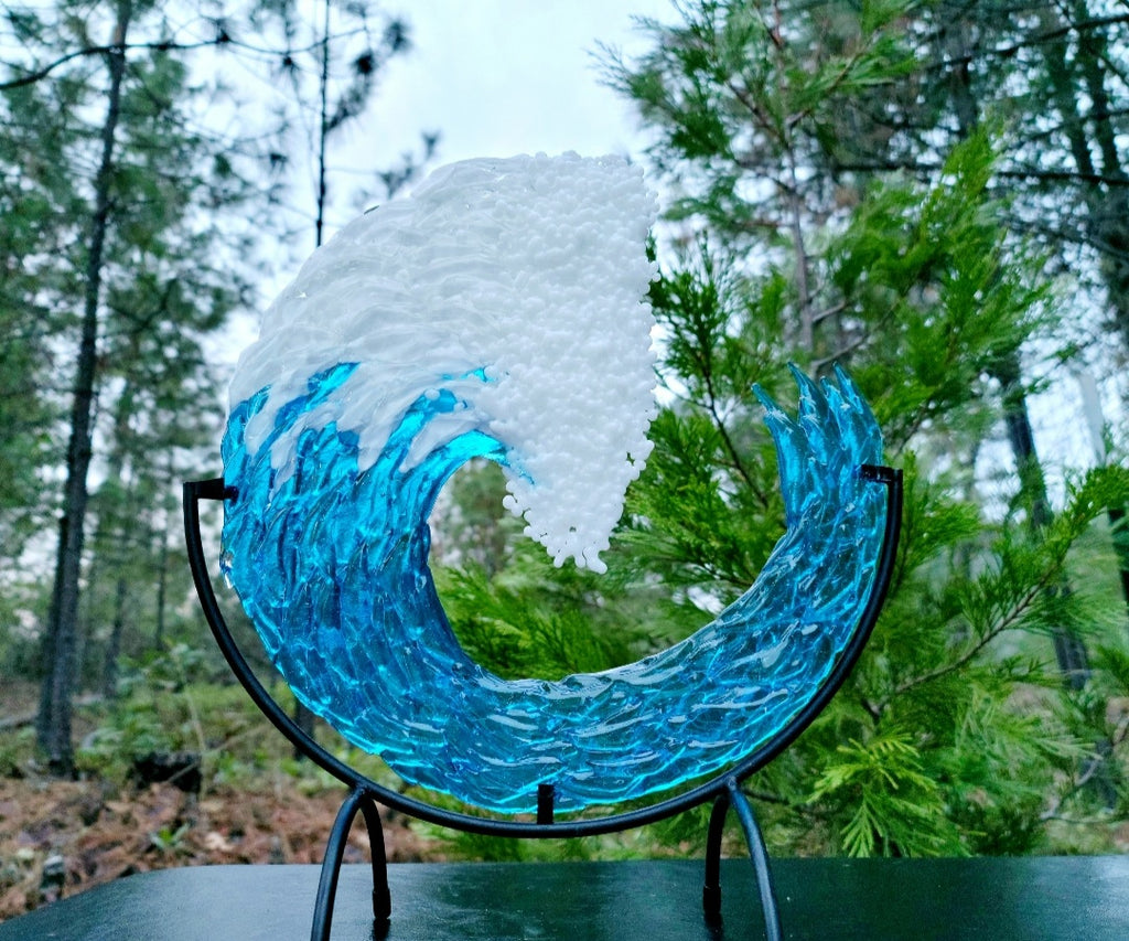 Ashes InFused Glass Cremation Glass Art 10 inch 3D Ocean Wave Sculpture