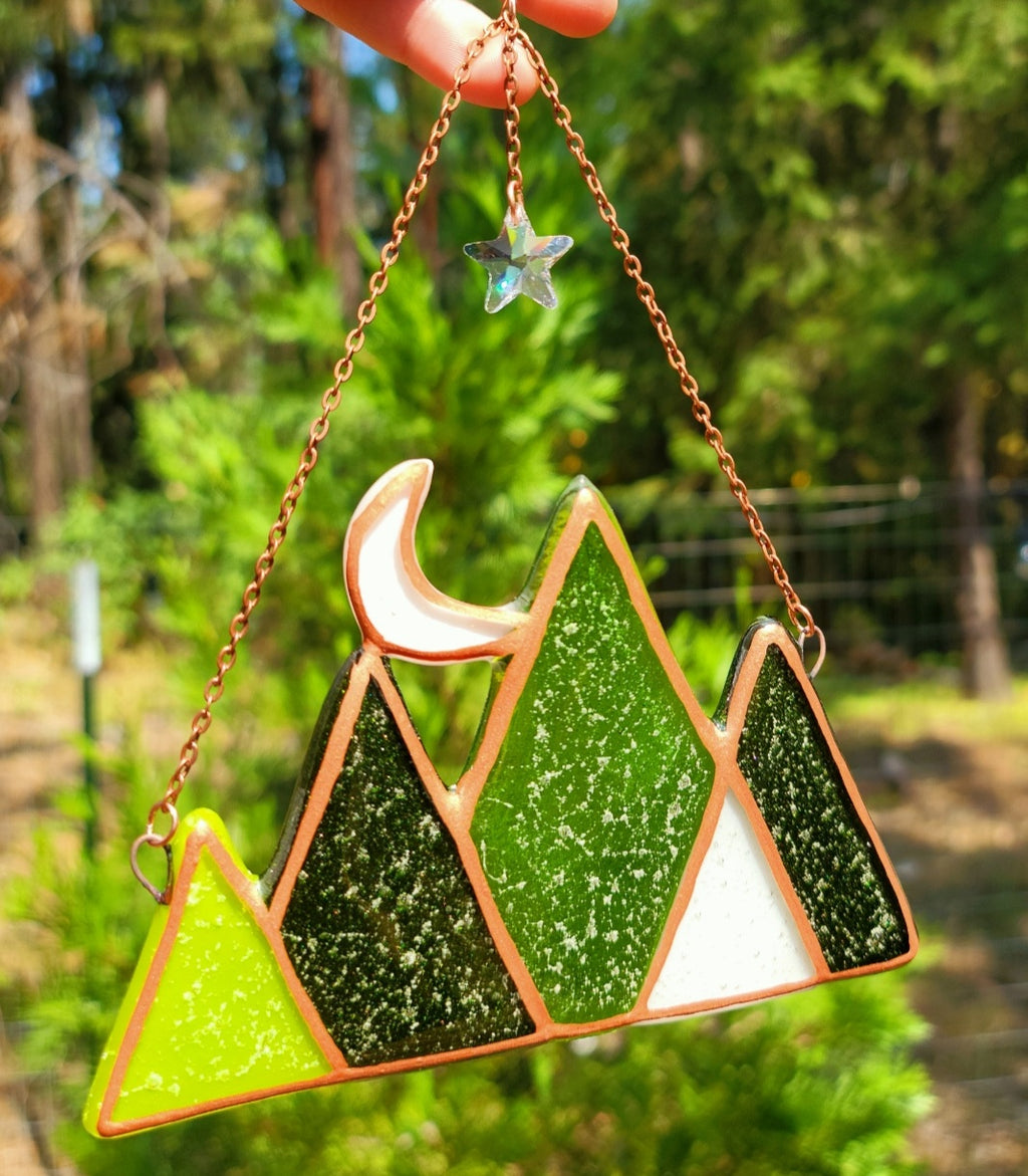 Crescent Moon Mountains Cremation Urn Sun Catcher with Star Crystal Ashes Infused Glass