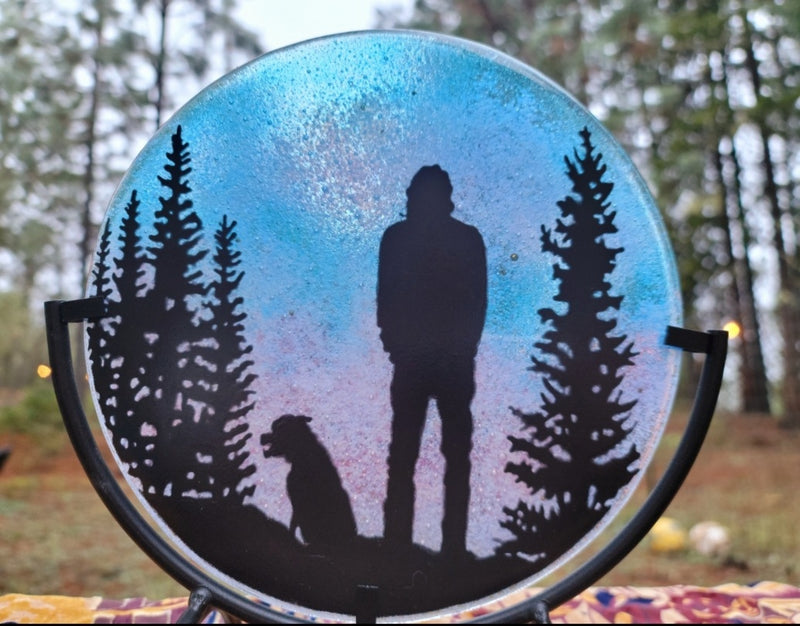 NEW Forest Pines Dog and Man Ashes InFused Glass Cremation Memorial Art