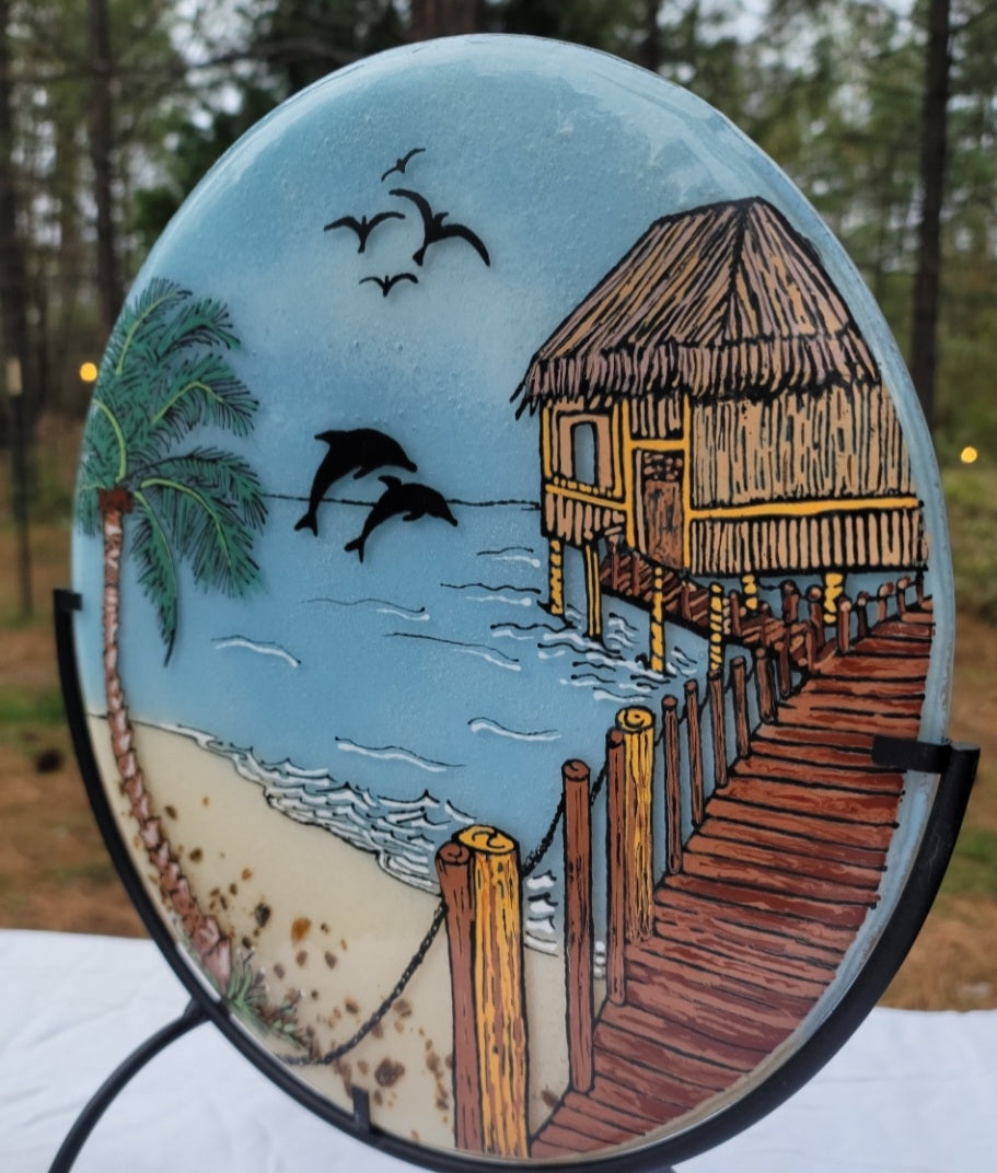 12 inch Bora Bora Hut Dolphins Beach Cremation Ashes InFused Glass