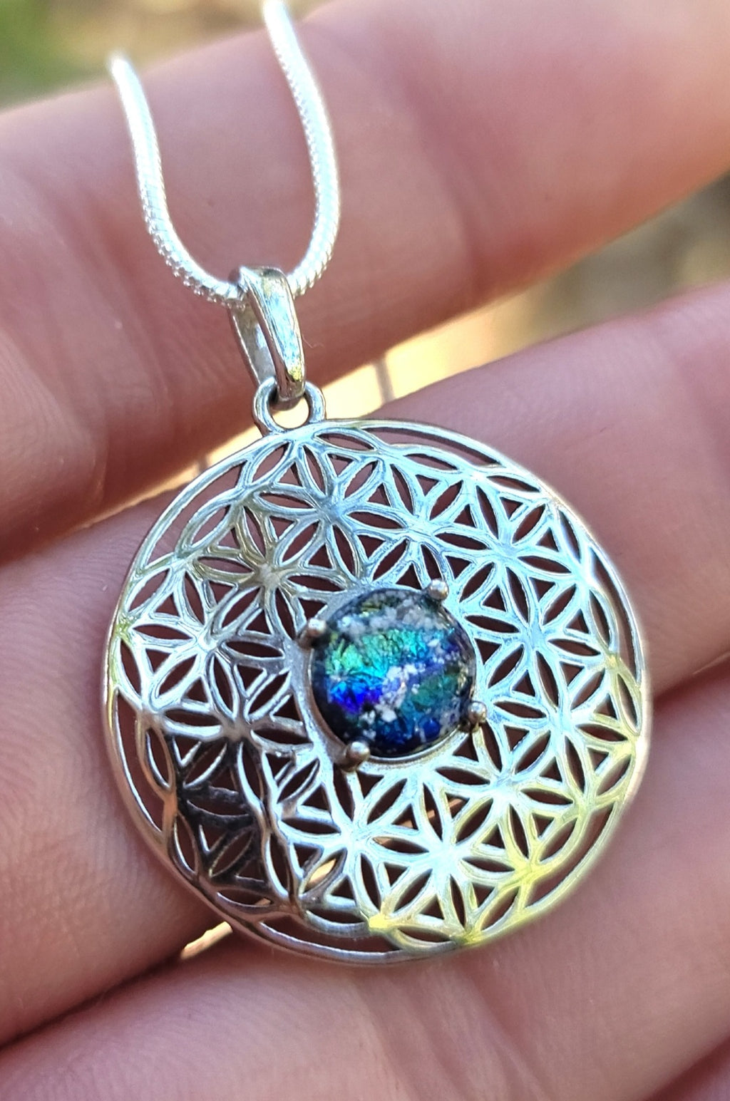NEW Boho Flower of Life Cremation Jewelry Pendant Sacred Geometry Ashes InFused Glass
