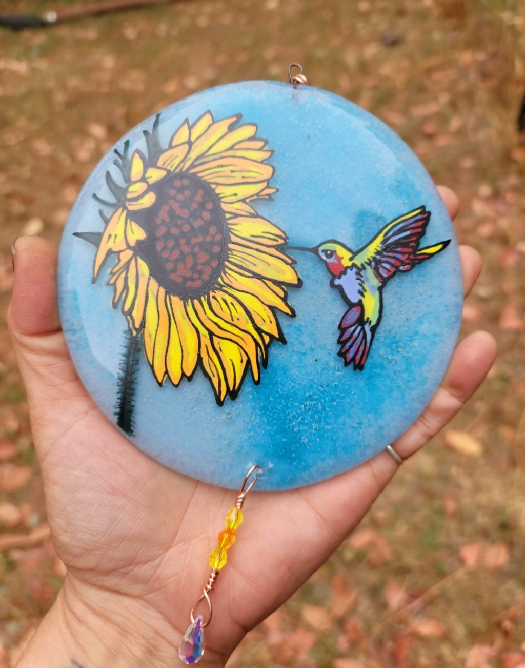 NEW Hummingbird Sunflower Cremation Ashes InFused Glass Urn Sun Catchers