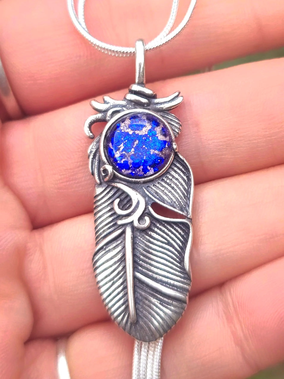 NEW Boho Feather Cremation Jewelry 10mm Ashes InFused Glass Pendant Sterling Silver