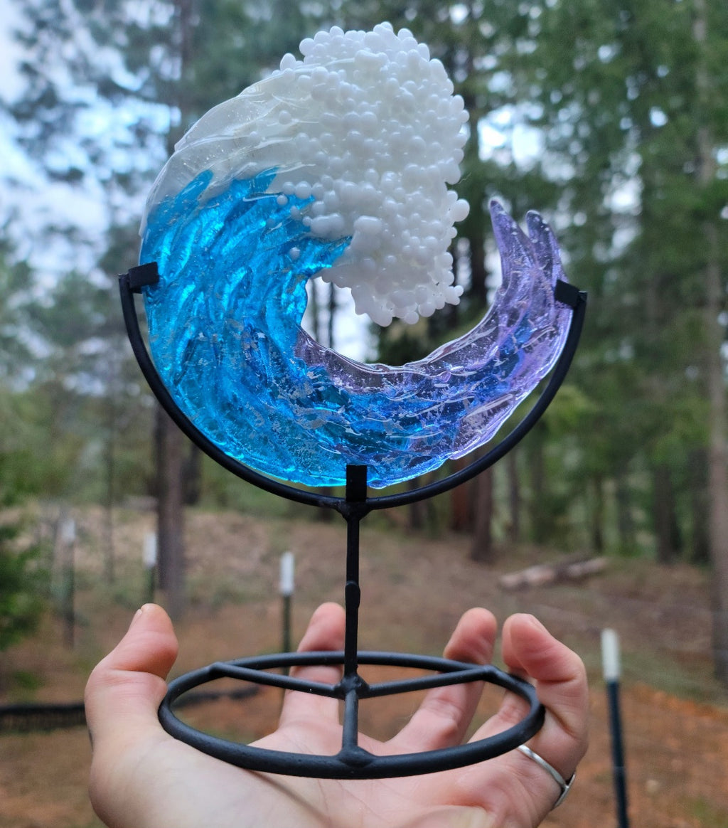 Ashes InFused Glass Cremation Art 3D Ocean Wave 5in Rod Iron Table Display Memorial