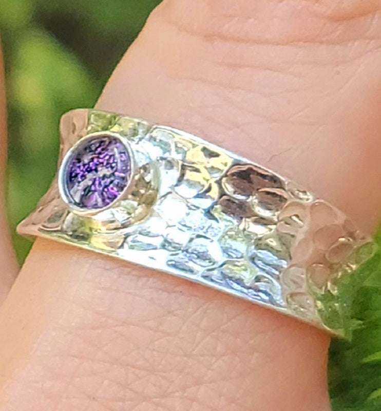 Bali Hammered Cigar Ashes InFused Glass Cremation Ring Sterling Silver 6,7,8