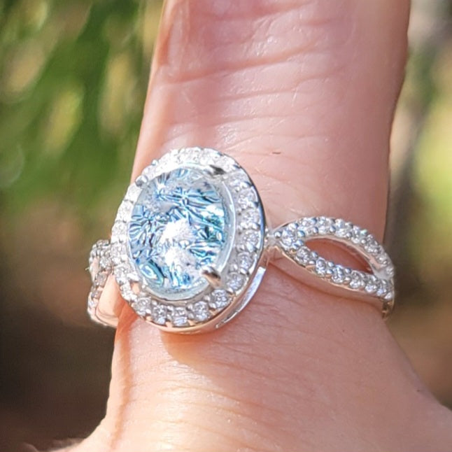 Engagement Style Ashes InFused Glass Cremation Ring Paved in CZ 7,8