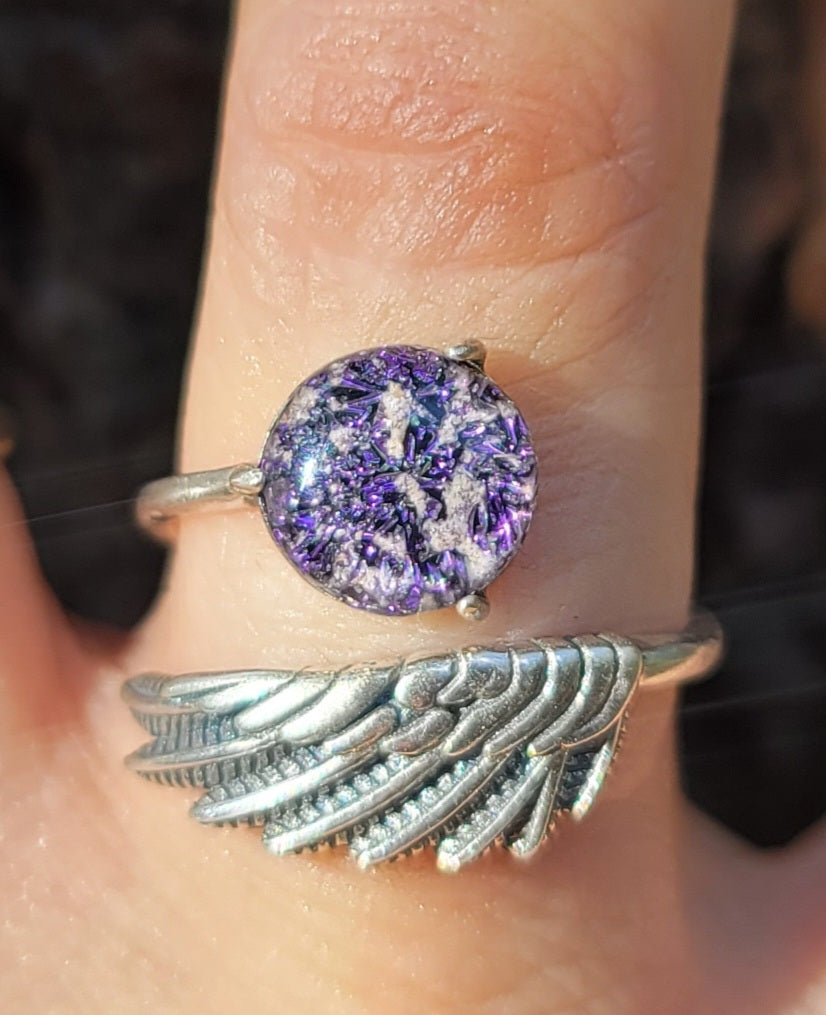 NEW Angel Wing Cremation Ring for Ashes InFused Glass High Quality Hard Sterling Silver Urn Adjustable Size Fits ALL
