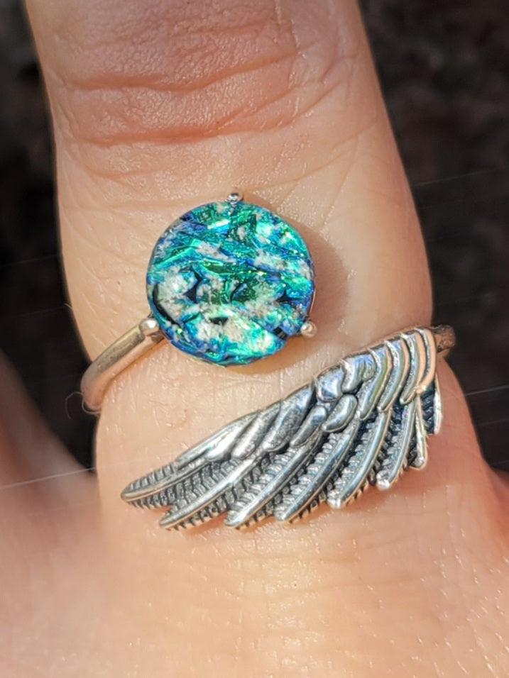 NEW Angel Wing Cremation Ring for Ashes InFused Glass High Quality Hard Sterling Silver Urn Adjustable Size Fits ALL