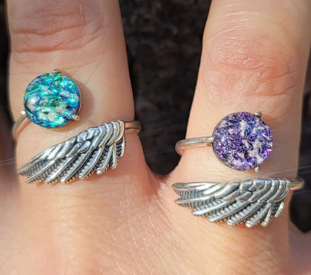 NEW Angel Wing Cremation Ring for Ashes InFused Glass High Quality Hard Sterling Silver Urn Adjustable Size Fits ALL