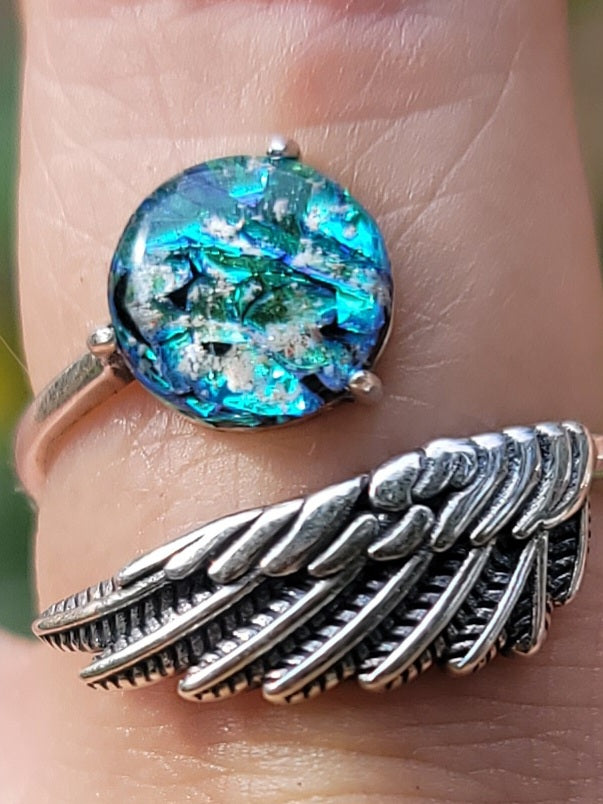 NEW Angel Wing Cremation Ring for Ashes InFused Glass High Quality Hard Sterling Silver Urn Adjustable Size Fits ALL
