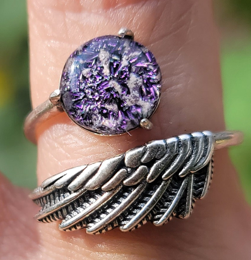 NEW Angel Wing Cremation Ring for Ashes InFused Glass High Quality Hard Sterling Silver Urn Adjustable Size Fits ALL