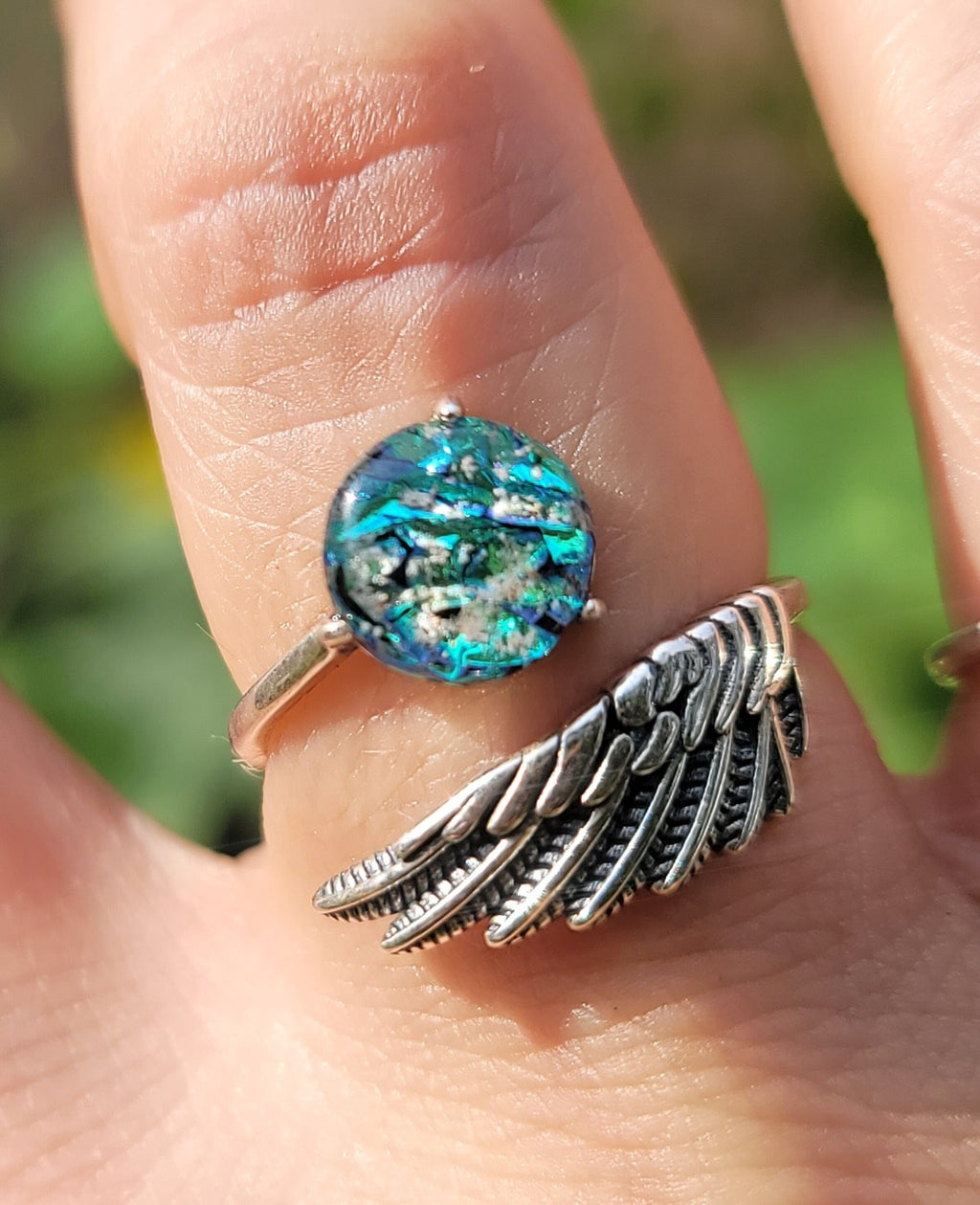 NEW Angel Wing Cremation Ring for Ashes InFused Glass High Quality Hard Sterling Silver Urn Adjustable Size Fits ALL