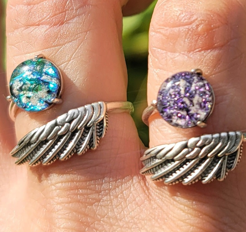 NEW Angel Wing Cremation Ring for Ashes InFused Glass High Quality Hard Sterling Silver Urn Adjustable Size Fits ALL