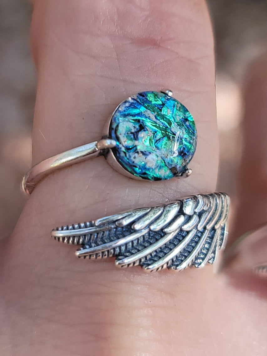 NEW Angel Wing Cremation Ring for Ashes InFused Glass High Quality Hard Sterling Silver Urn Adjustable Size Fits ALL