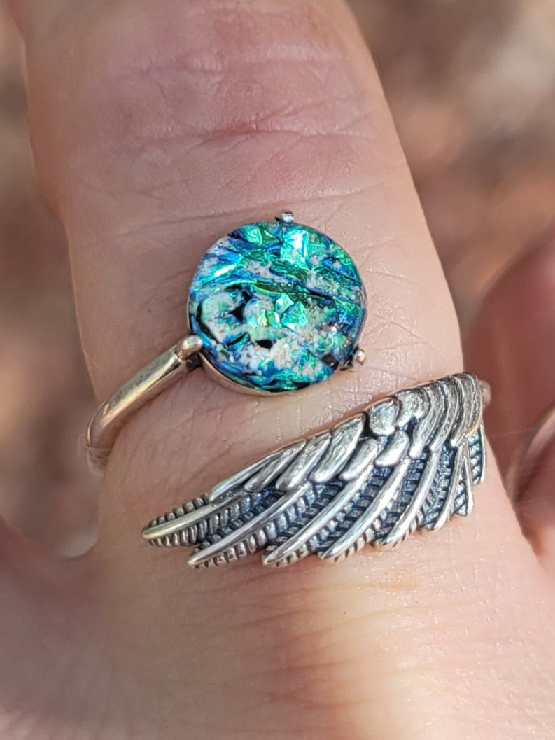 NEW Angel Wing Cremation Ring for Ashes InFused Glass High Quality Hard Sterling Silver Urn Adjustable Size Fits ALL