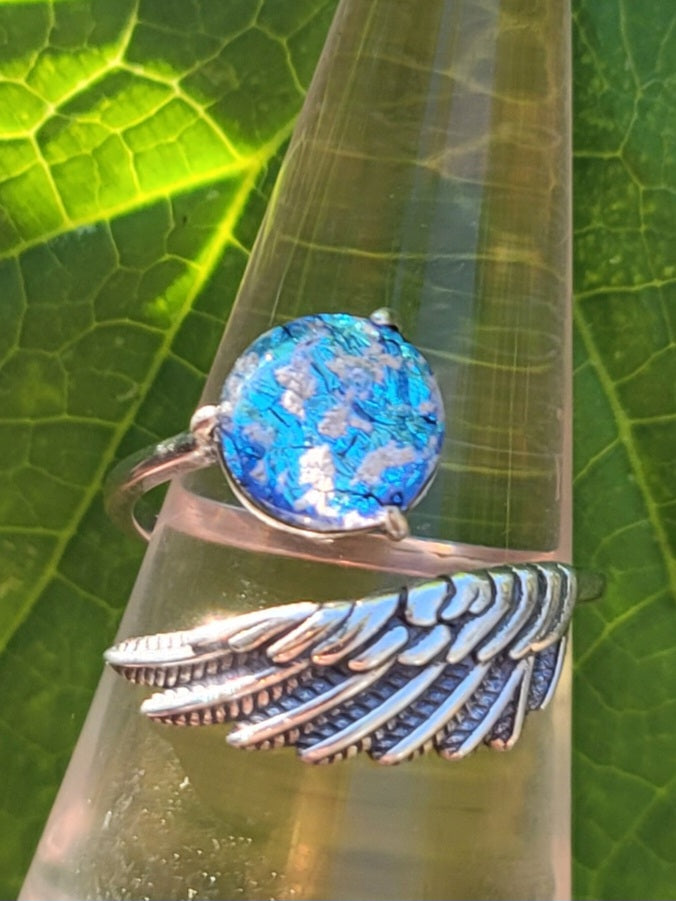 NEW Angel Wing Cremation Ring for Ashes InFused Glass High Quality Hard Sterling Silver Urn Adjustable Size Fits ALL