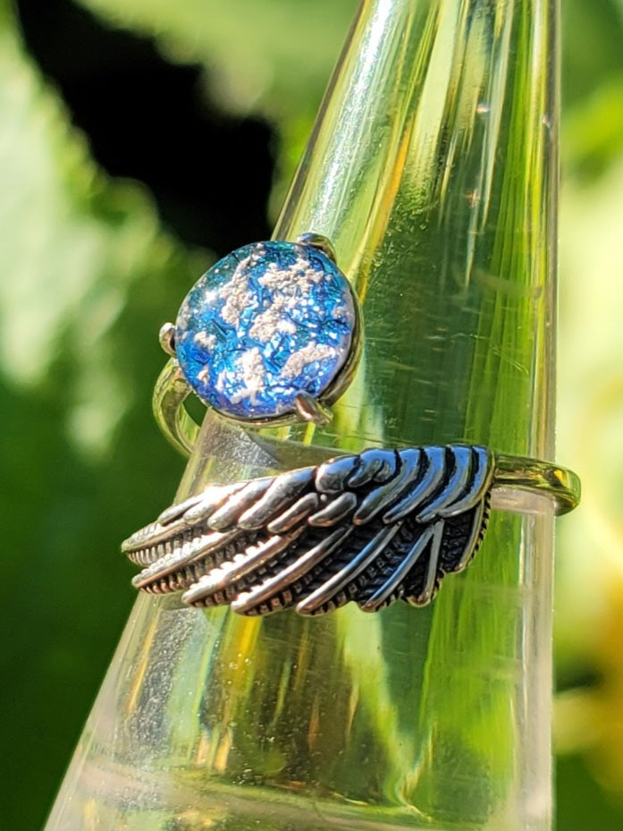 NEW Angel Wing Cremation Ring for Ashes InFused Glass High Quality Hard Sterling Silver Urn Adjustable Size Fits ALL