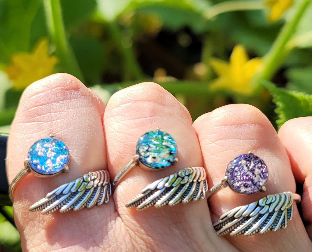 NEW Angel Wing Cremation Ring for Ashes InFused Glass High Quality Hard Sterling Silver Urn Adjustable Size Fits ALL
