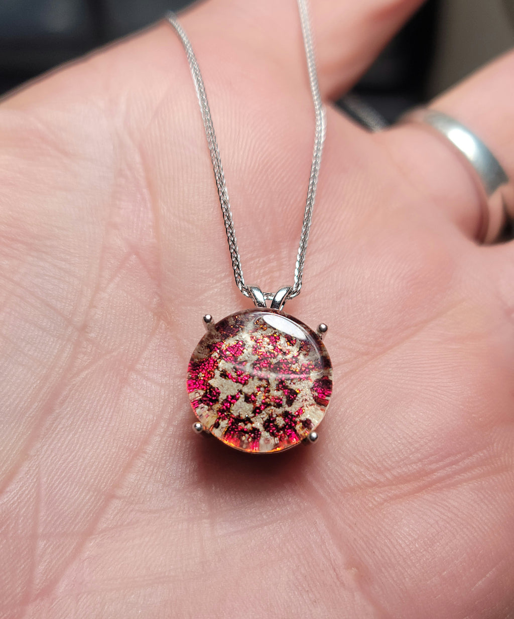 Halo Sterling Silver Pendant 14mm Cremation Ashes InFused Glass Urn Sympathy Pendant