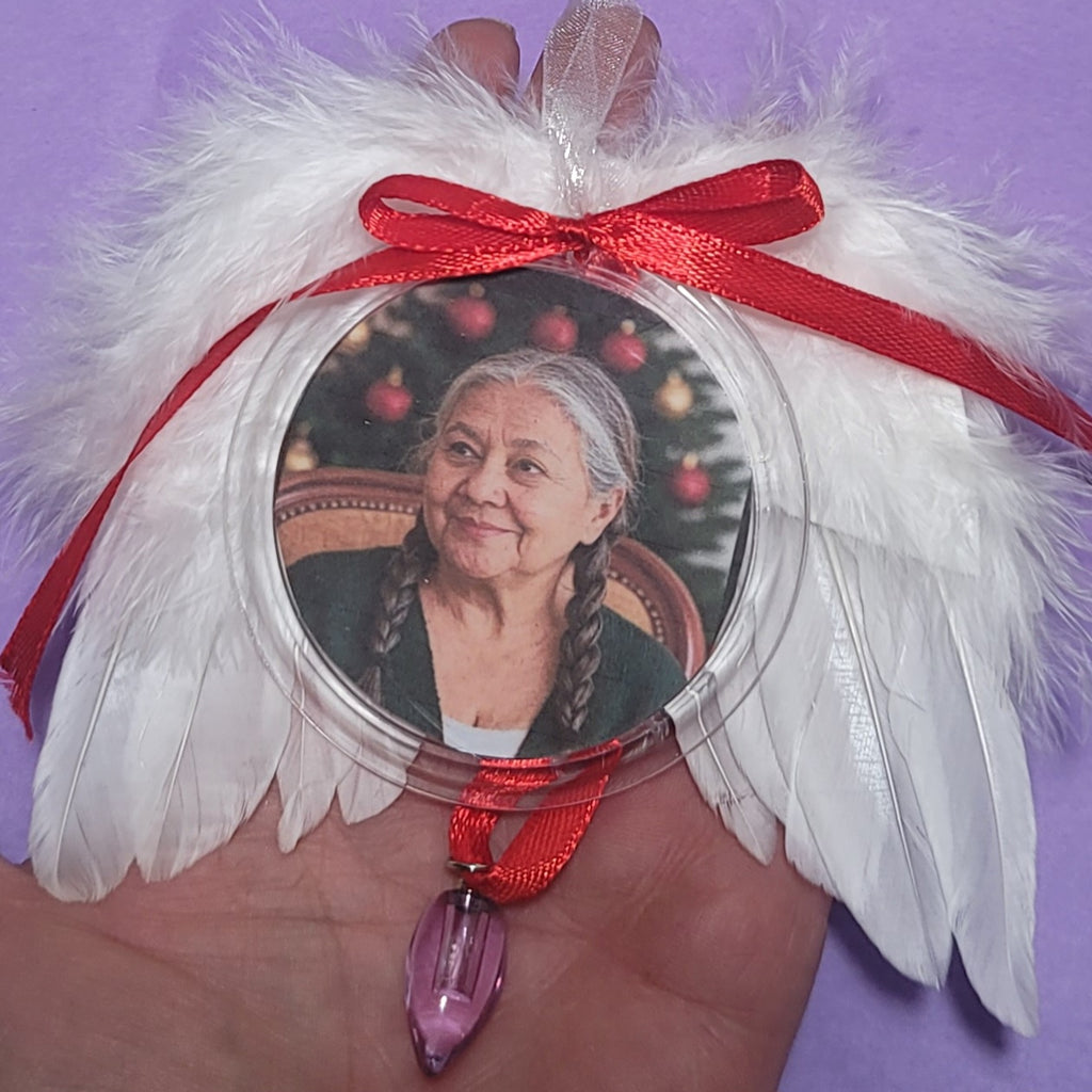 Tree Ornament Feather Angel Wings Photo Frame Cremation Urn Bead Fill Yourself Holiday Sympathy Gift