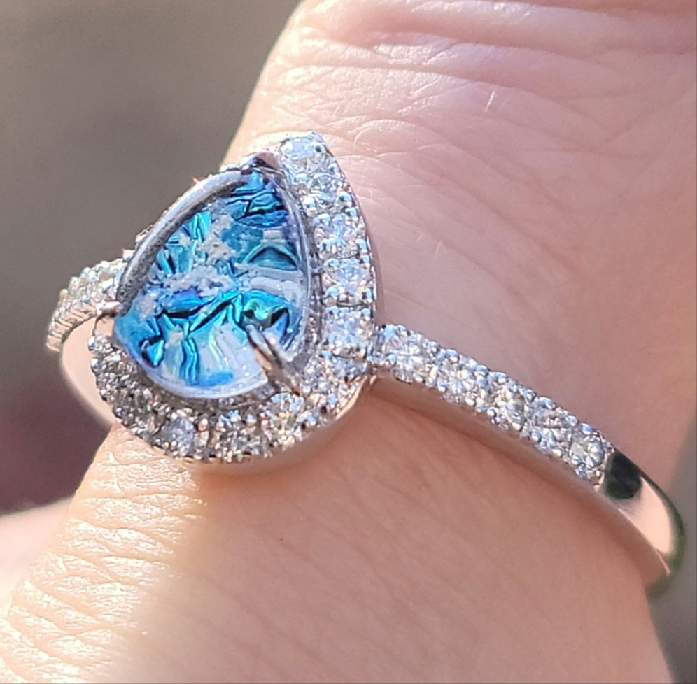 14k White or Yellow Gold Teardrop Halo Cremation Ring For Ashes 26 Moissanite Diamond Handmade Urn Custom Sizing