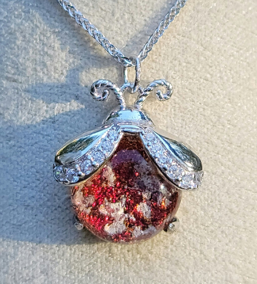 CZ Ladybug Cremation Jewelry Ashes InFused Glass Sterling Silver Urn Pendant