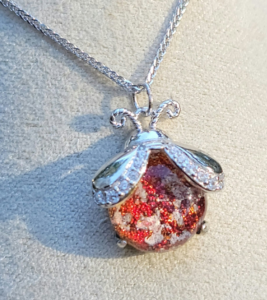 CZ Ladybug Cremation Jewelry Ashes InFused Glass Sterling Silver Urn Pendant