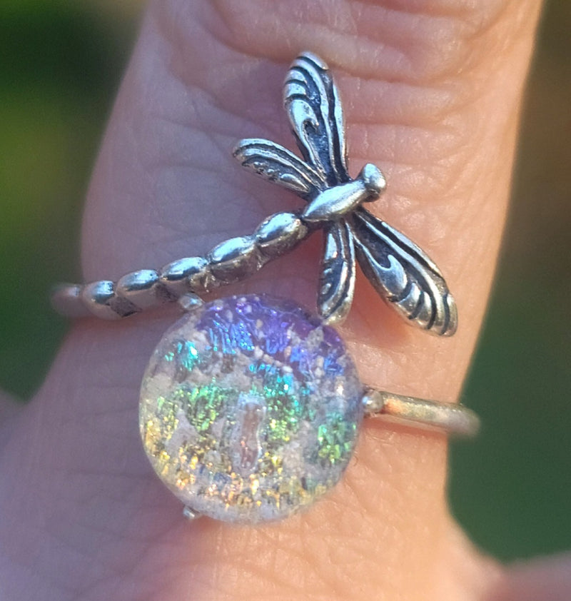 NEW Dragonfly Cremation Ring for Ashes InFused Glass Hard Sterling Silver Urn Adjustable Size Fits 6,7,8,9,10 Half Sizing