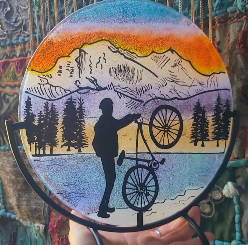NEW Winter Mountain Bike Ride Ashes InFused Glass Cremation Memorial Art