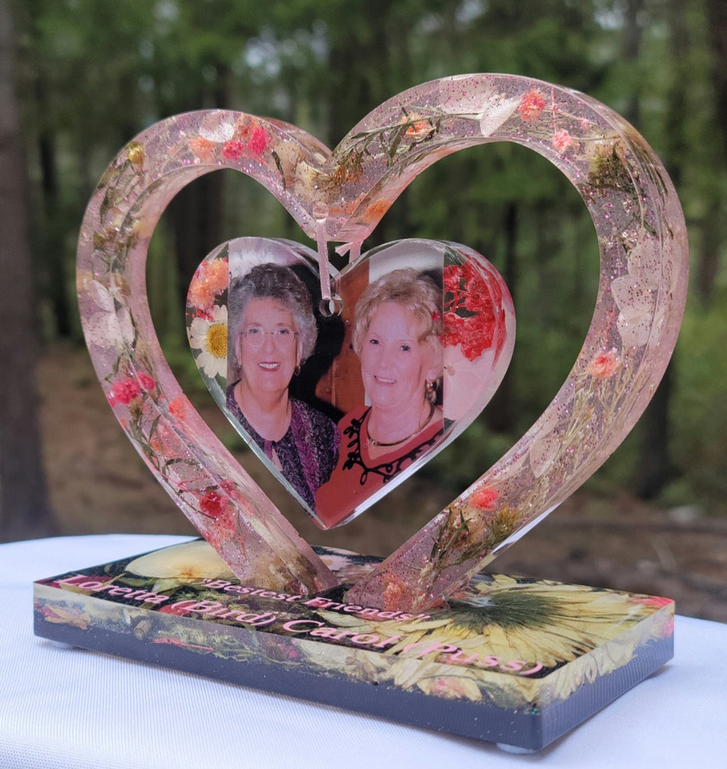 Best Friends Flowers Preservation Resin Encapsulation Heart Photo Frame Funeral Memorial Keepsake