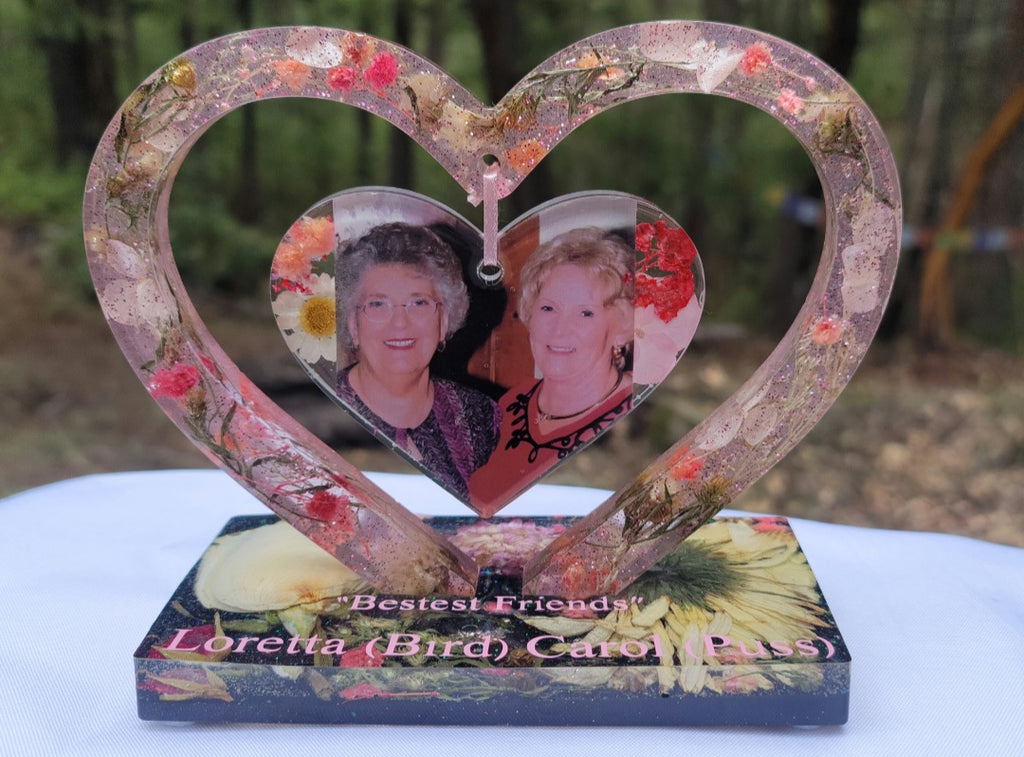 Best Friends Flowers Preservation Resin Encapsulation Heart Photo Frame Funeral Memorial Keepsake