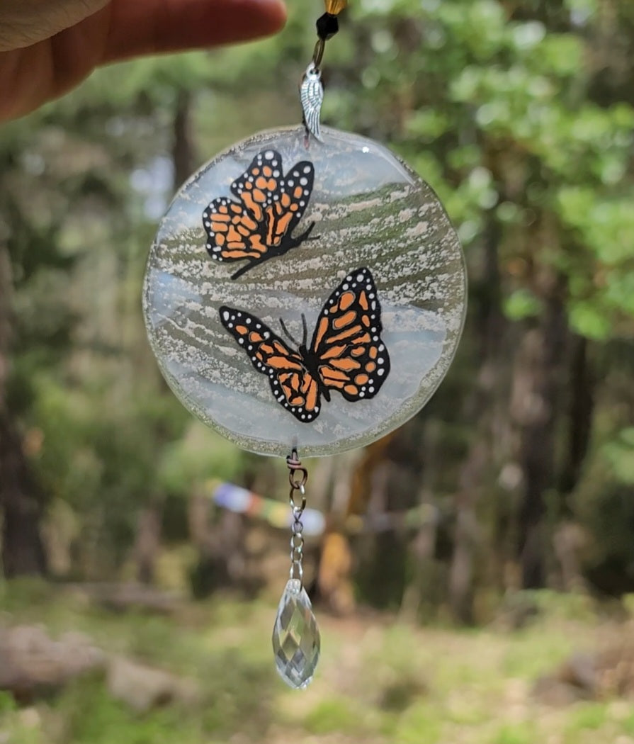 2 Monarch Butterflies Cremation Sun Catcher Ashes InFused Glass Art Memorial Urn