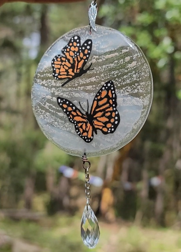 2 Monarch Butterflies Cremation Sun Catcher Ashes InFused Glass Art Memorial Urn