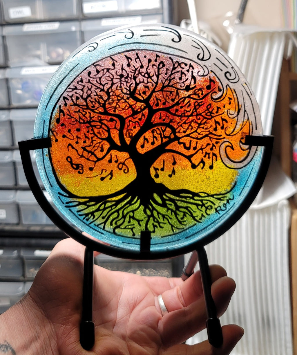 Music Note Tree of Life Ocean Wave 6 inch Table Display Ashes InFused Glass
