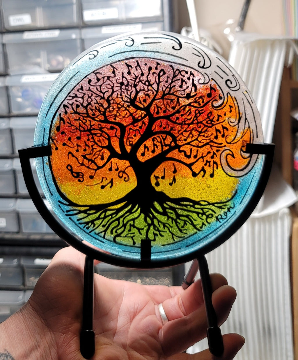 Music Note Tree of Life Ocean Wave 6 inch Table Display Ashes InFused Glass