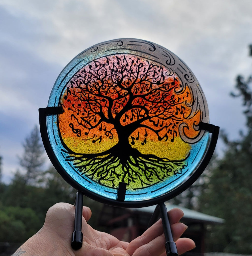 Music Note Tree of Life Ocean Wave 6 inch Table Display Ashes InFused Glass