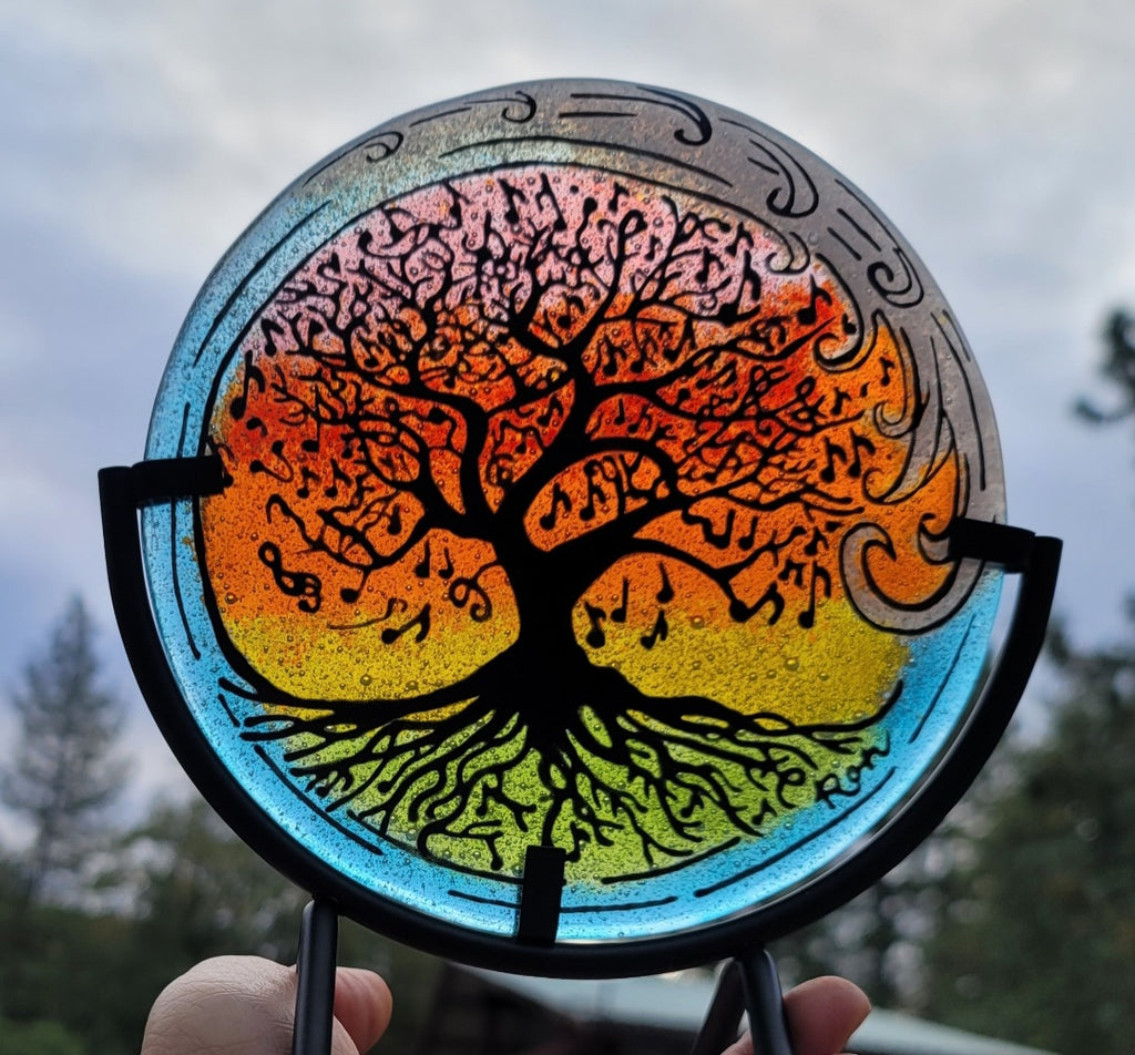 Music Note Tree of Life Ocean Wave 6 inch Table Display Ashes InFused Glass