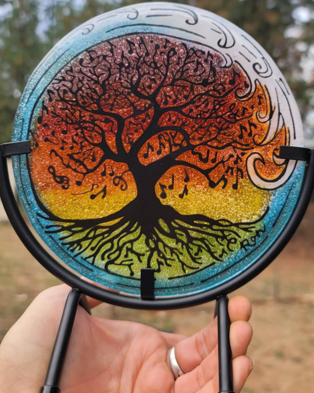 Music Note Tree of Life Ocean Wave 6 inch Table Display Ashes InFused Glass