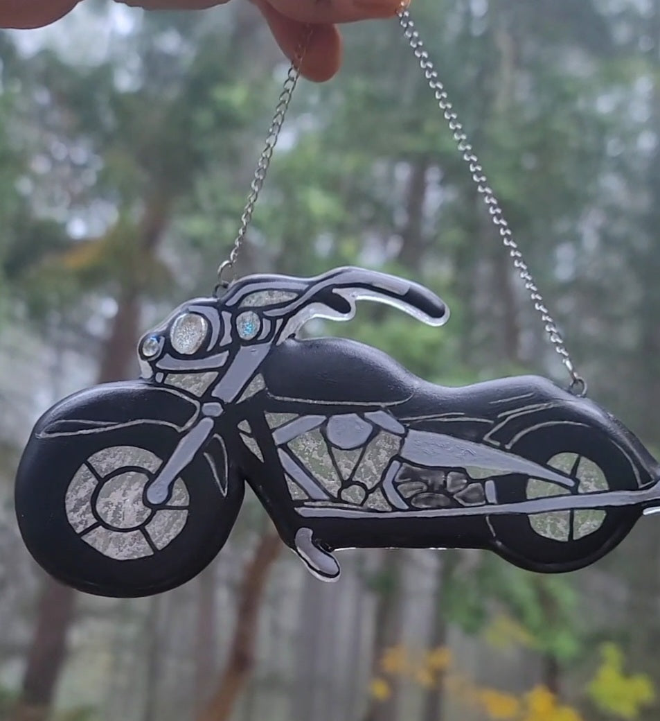 Glass Motorcycle With Ashes Biker Memorial Sun Catcher 7inch