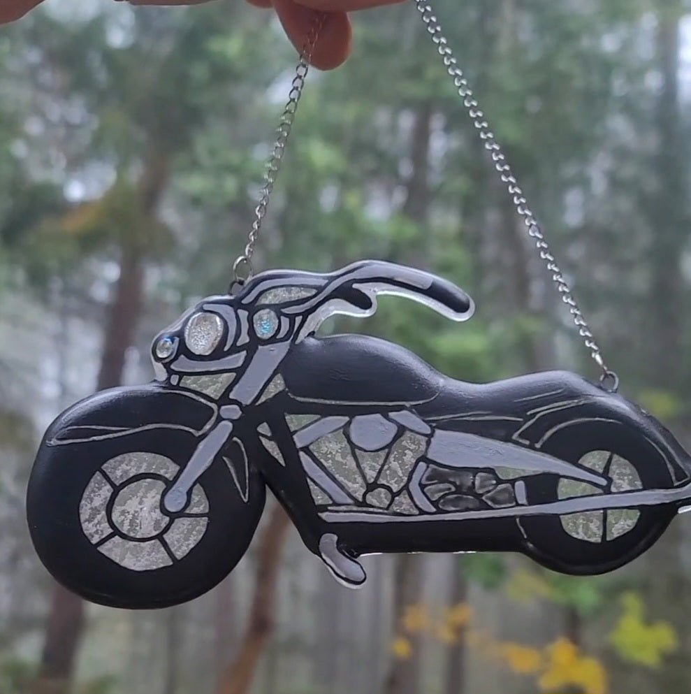 Glass Motorcycle With Ashes Biker Memorial Sun Catcher 7inch