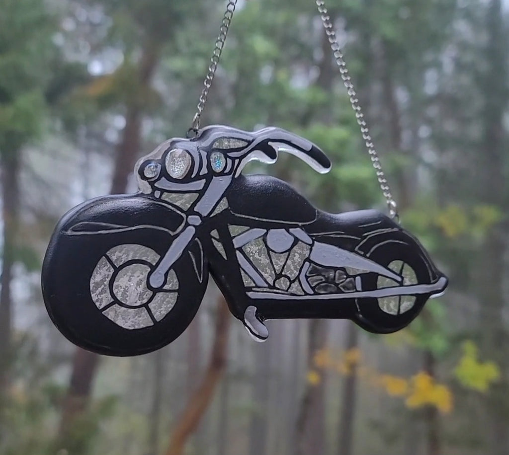 Glass Motorcycle With Ashes Biker Memorial Sun Catcher 7inch